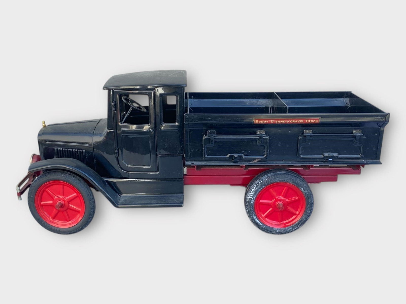 Buddy L Sand & Gravel Pressed Steel Black Truck: Buddy L Sand & Gravel Pressed Steel Black Truck. Approx. Dimensions (in): 28 x 12.5 x 9