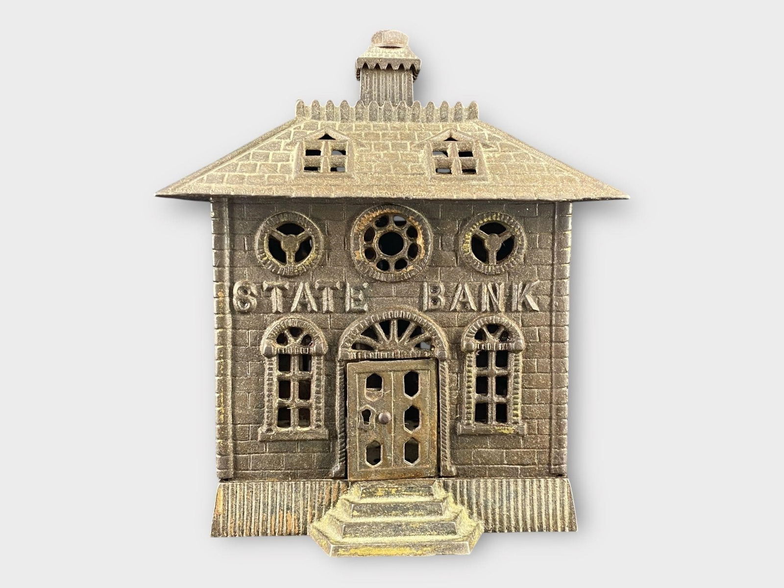 Large Cast Iron State Bank Building Coin Bank (1 of 6)