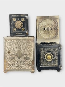 Cast Iron Miniature Safe Coin Bank, Lot of 4