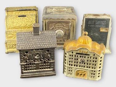 Cast Iron Deposit Coin Bank, Lot of 5