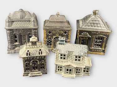 Cast Iron Bank Building Coin Bank, Lot of 5