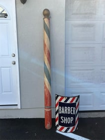 Barber Shop Wooden Pole & Enamel Curved Sign