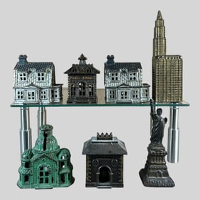 Cast Iron Building Coin Bank, Lot of 7