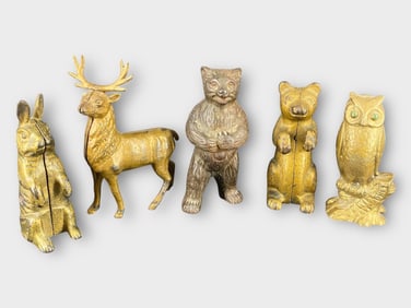 Cast Iron Forest Animal Coin Bank, Lot of 5