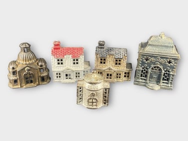 Cast Iron Enamel Building Coin Bank, Lot of 5