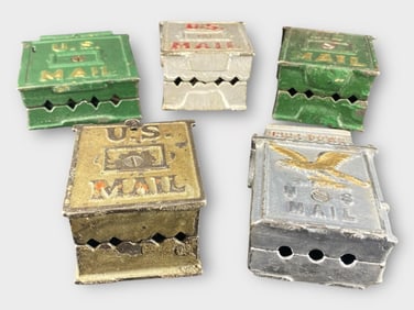 U.S. Mailbox Cast Iron Enamel Coin Bank, Lot of 5
