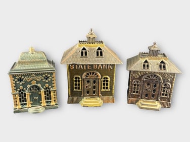 Cast Iron Bank Building Coin Bank, Lot of 3