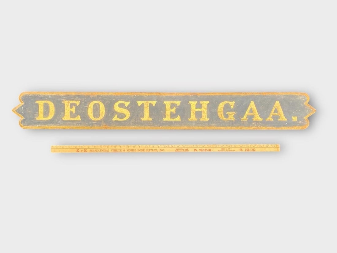 Vintage DEOSTEHGAA.Carved Wood Bldg Sign 47.5": Vintage DEOSTEHGAA. Carved Wood Bldg Sign 47.5". Approx. Size: 47.5" x 6"
