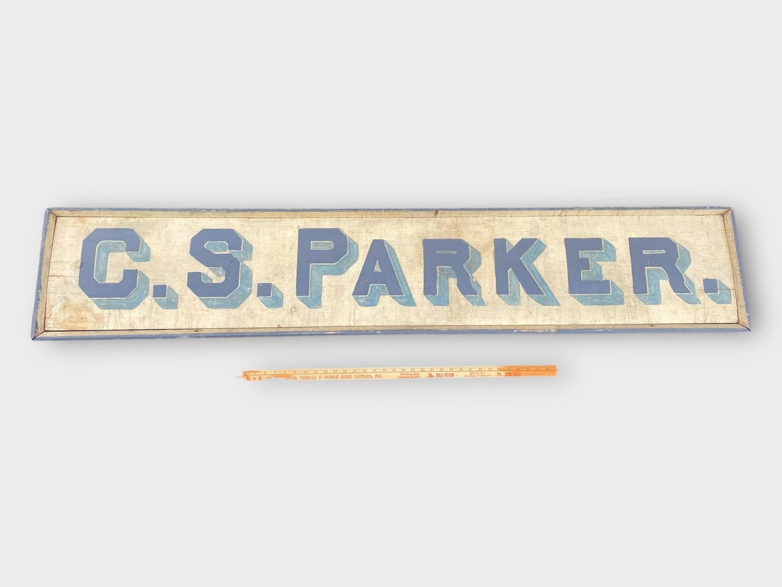 C.S. Parker Hand Painted Wooden Bldg Sign 73": C.S. Parker Hand Painted Wooden Bldg Sign 73". Approx. Size: 73" x 13.25"