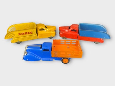 3 Vintage Pressed Steel Toy Trucks Shell Gas Ad
