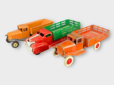 3 Vintage Pressed Steel Toy Cargo Pick-Up Trucks