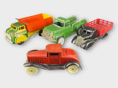 4 Vintage Pressed Steel Toy Trucks Vehicles