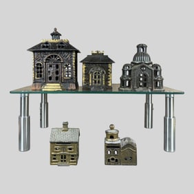 Cast Iron Building Coin Bank, Lot of 5