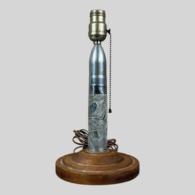 WWII Artillery Shell Lamp On Wood Base