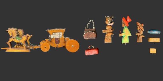 Hand Carved Toy Wooden Coach w/ Horses