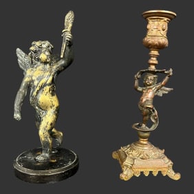Lot of 2 Antique Bronze Cherub Items