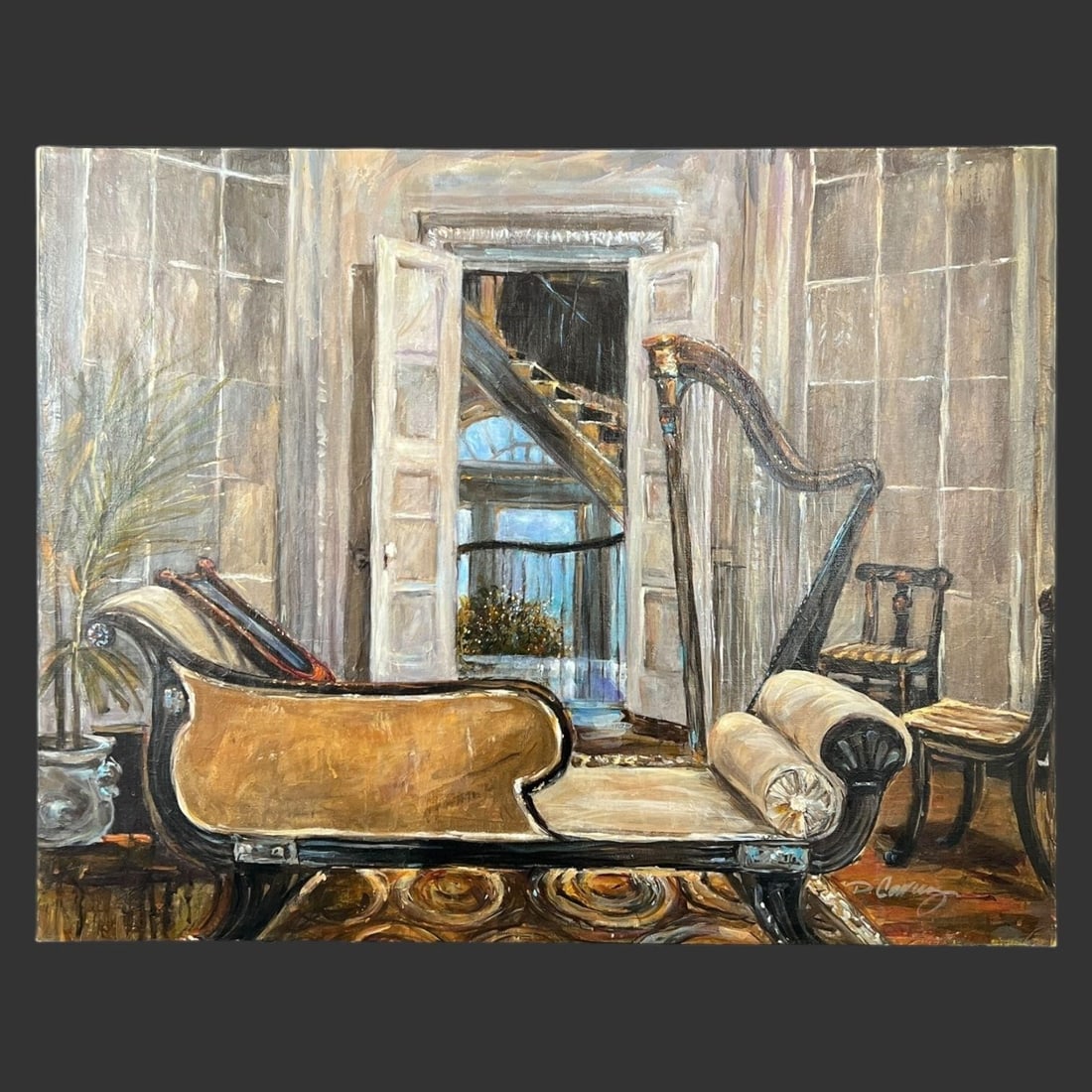 Mansion Interior Scene Oil Painting on Canvas: This painting depicts an interior scene of a room in a large home or mansion with a harp & day bed. Artist signed on the bottom right corner by Dennis Carney (20th Century). Approx. Dimensions (in): 2