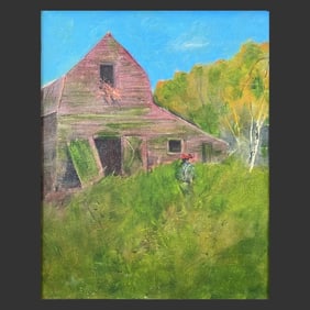 Framed Landscape Farm Painting on Board