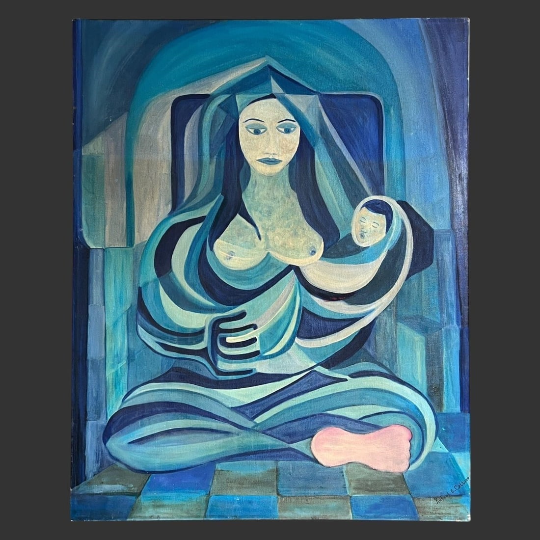 Raphael Collazo (1943-1990) Nude Oil Painting: This painting depicts an abstract / impressionist nude female figure and child. Artist signed on the bottom right corner. Approx. Dimensions (in): 48 x 38 x 1.25.