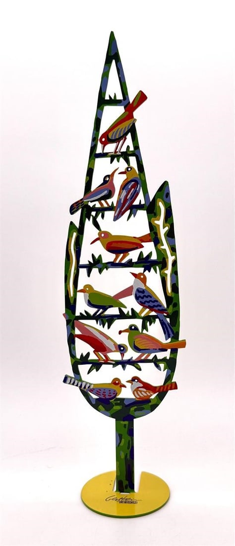 David Gerstein (Israel, b. 1944) Birds Sculpture: This sculpture depicts birds on a tree. Pop art metal sculpture. Marked 'Gerstein Design.' Approx. Dimensions (in): 16.25 x 4.25 x 3.25.