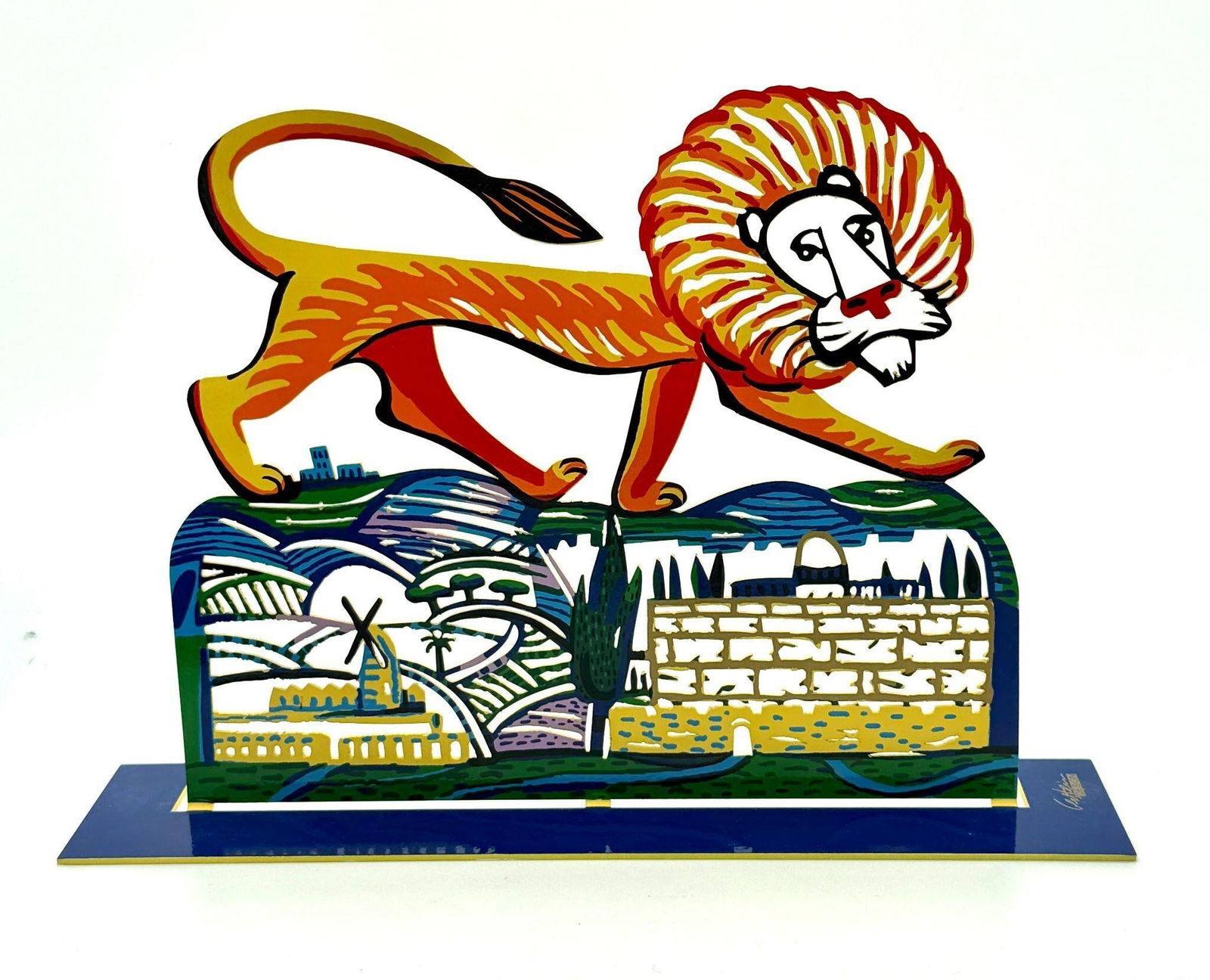 David Gerstein (Israel, b. 1944) Lion Sculpture: This sculpture depicts a Lion standing above a cityscape. Pop art metal sculpture. Marked 'Gerstein Design.' Approx. Dimensions (in): 9 x 12.6 x 2.5.