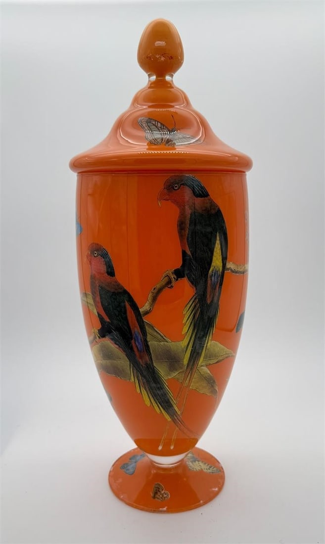 Hand Painted Bird Butterfly Orange Glass Urn (1 of 9)