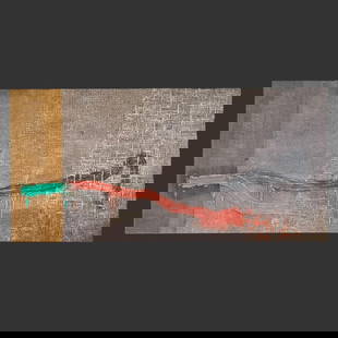 Fabian Marcaccio (Argentina, B. 1964) Painting: Titled 'Interground #1.' Mixed media. Signed on the back. Signed & dated on Verso - Mixed media on Linen, Canvas, & Burlap. Approx. Dimensions (in): 36 x 74 x 1.5.