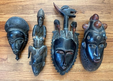 Lot of 4 Carved Wooden African Ivory Coast Masks