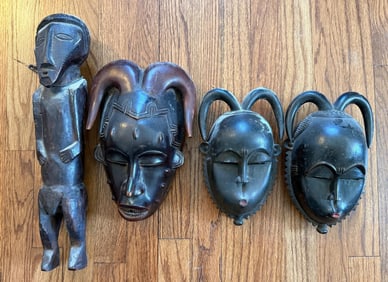 Lot of 4 Carved Wooden African Ivory Coast Masks