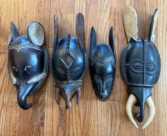 Lot of 4 Carved Wooden African Elephant Masks