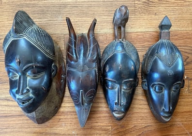 Lot of 4 Carved Wooden African Ivory Coast Masks