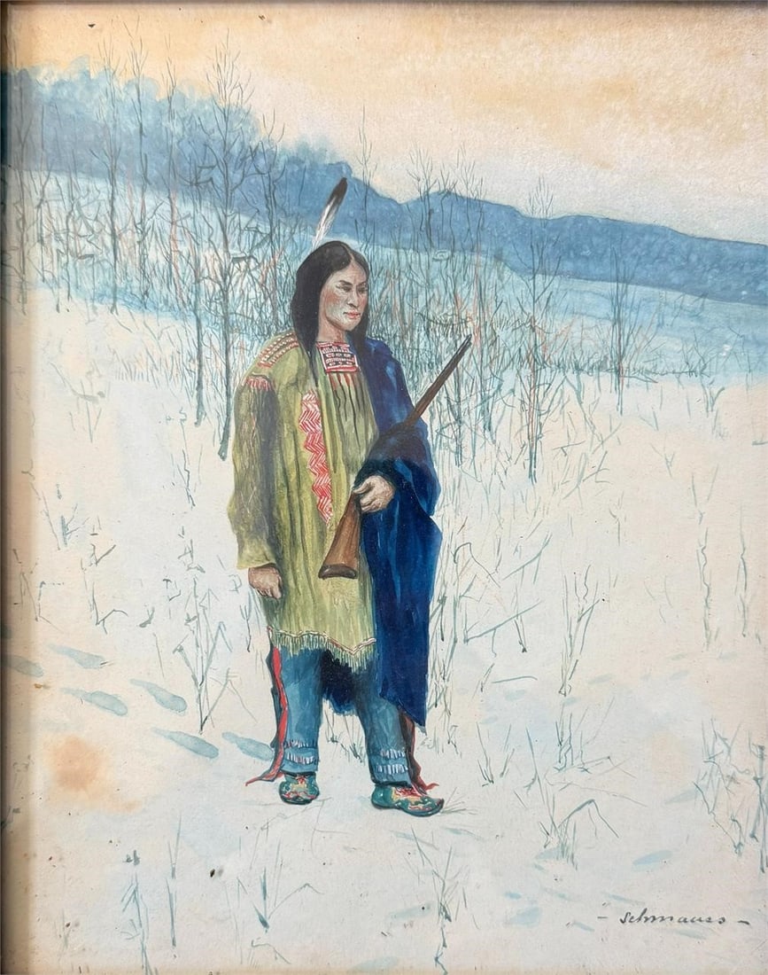Peter Schmauss (USA 1868-1938) Watercolor Painting: This painting depicts a Native American full body portrait standing in the snow. Artist signed on the bottom right corner. Approx. Frame Dimensions (in): 15.25 x 13.25, Approx. Painting Size: 9.5 x 7.