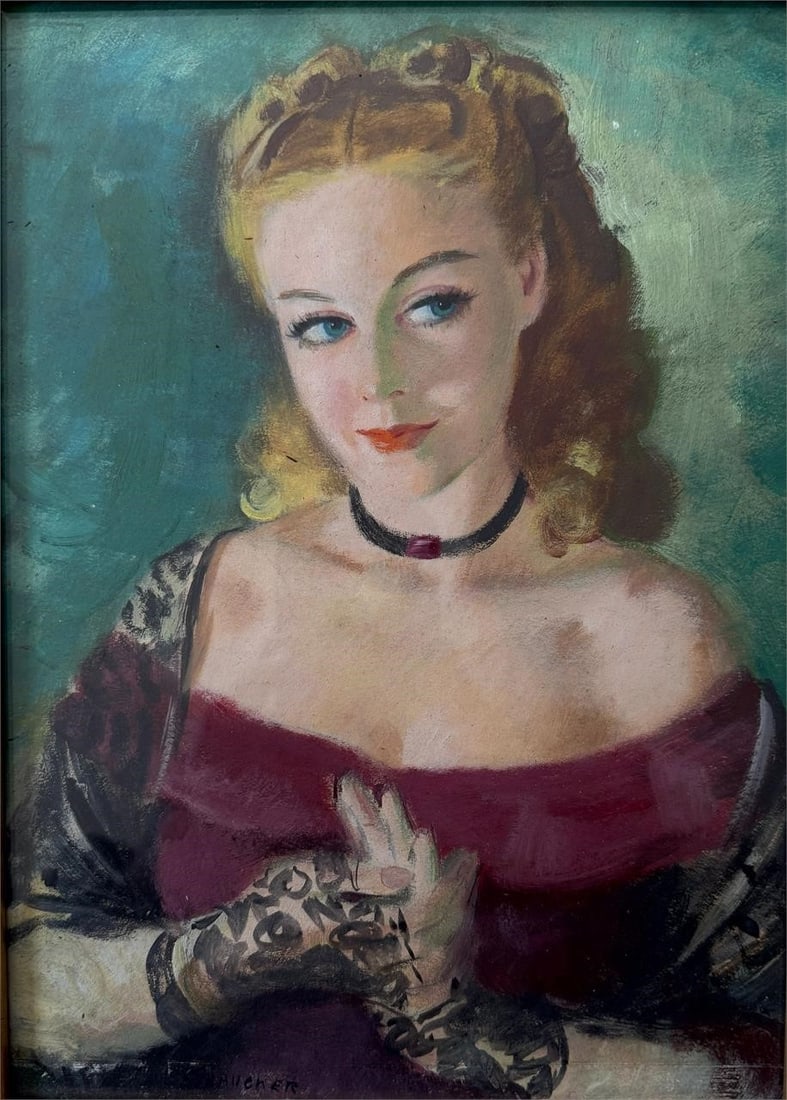 James Schucker (USA, 1903-88) Watercolor Painting: James Schucker (USA, 1903-1988). Titled 'Girl with Lace Gloves.' Artist signed on the bottom edge. Gilt frame. Paper label on the back. This painting depicts a portrait of a blonde female. Approx. Fra