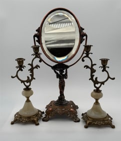 Antique Vanity Mirror & Pair of Onyx Candlesticks