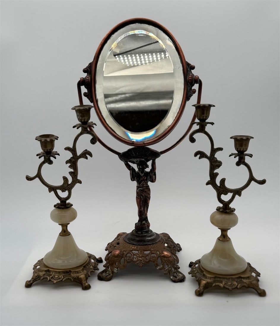 Antique Vanity Mirror & Pair of Onyx Candlesticks (1 of 8)