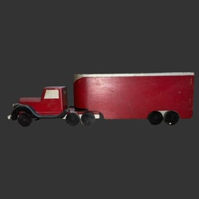 1930's Red Toy Wooden Tractor Trailer Truck