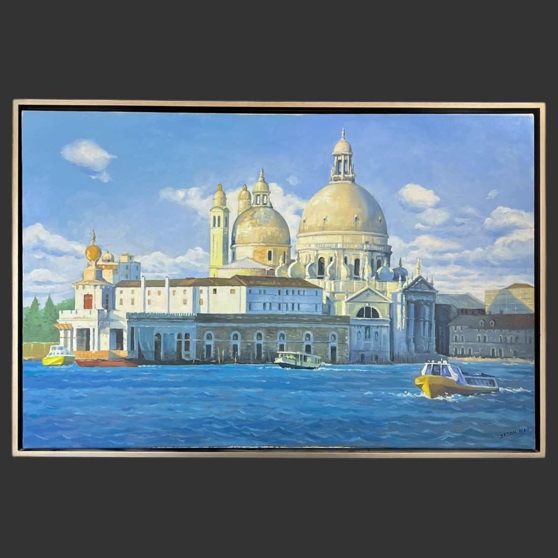 Jason Mao (Modern) Oil Painting on Canvas: Oil painting on canvas. This painting depicts a landscape / seascape of the Grand Canal in Venice, Italy. Cathedral Santa Maria Della Venice. Artist signed 'Jason Mao' on the bottom right corner. Appr