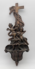 Antique Bronze Cherub Putti Holy Water Font Bowl