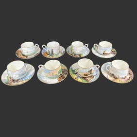 8 Pillivuyt Paris Exhibition Porcelain Cup Saucers