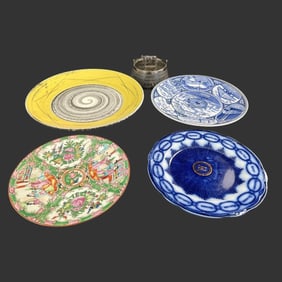 Lot of 4 Porcelain Plates and 1 Lidded Jar