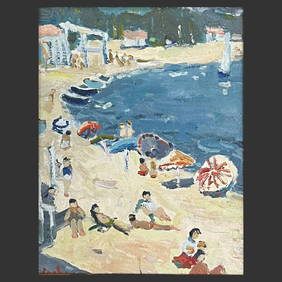 Illegibly Signed Beach Scene Oil Painting (1 of 5)