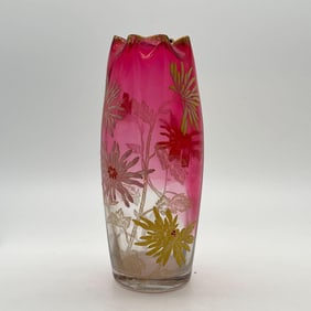 Glass & Gilt Mt. Joy France Cranberry Clear Vase