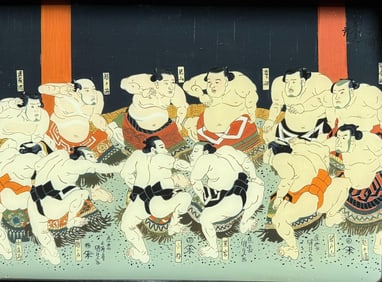 Japanese Ukiyo-E Sumo Reverse Painting on Glass