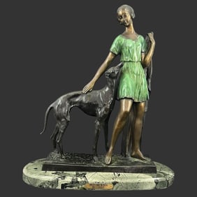 I Gallo (Spain, 20th C) Deco Girl w/ Dog Sculpture