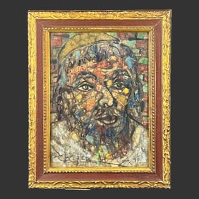 Signed Modernist Mixed Media Portrait Painting