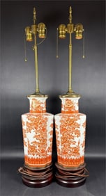 Pair of Antique Porcelain Orange Floral Lamps