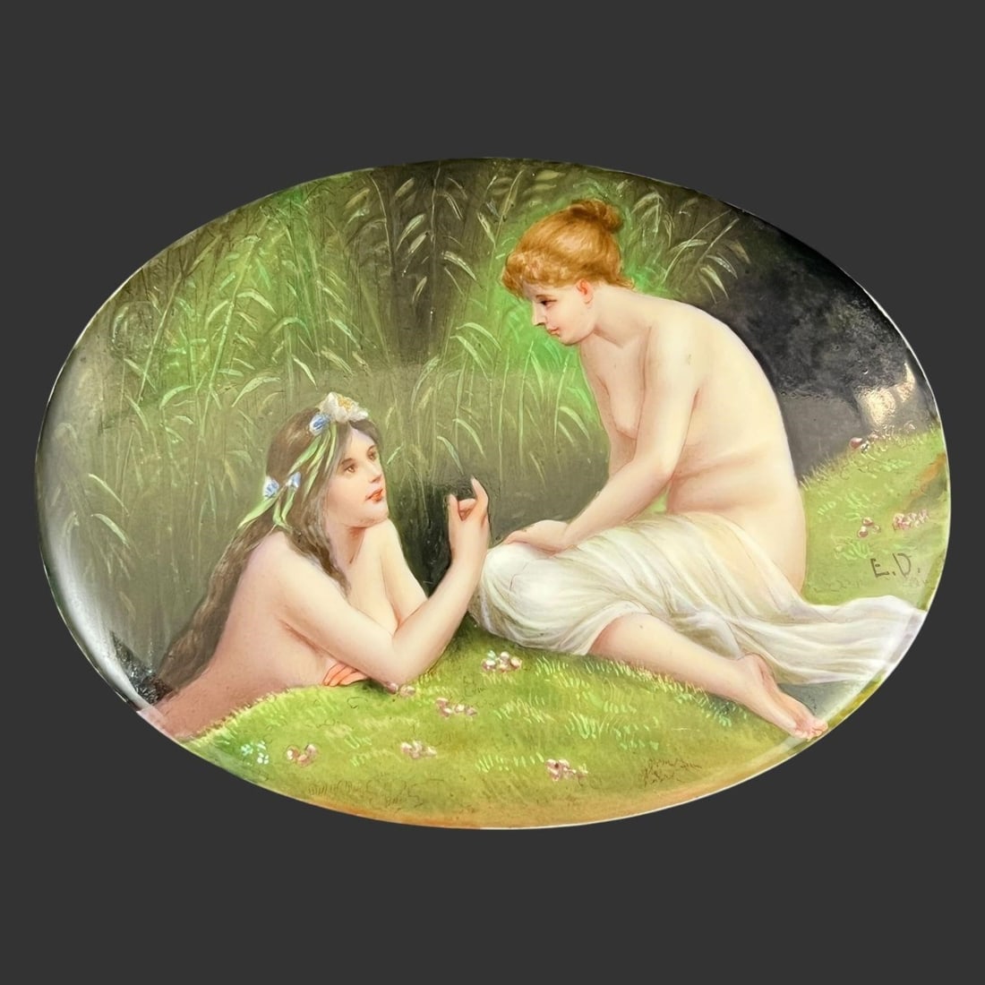 Paul Thumann (German,19thC) Porcelain Plaque: After Paul Thumann (German, 1834-1908). Semi-nude nymphs, young women bathing. Artist signed 'E.D.' Approx. Dimensions (in): 4.25 x 6.