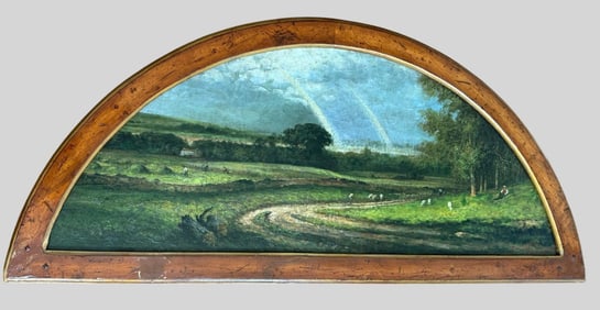 19th c. Half Circle Arched Large Oil on Canvas