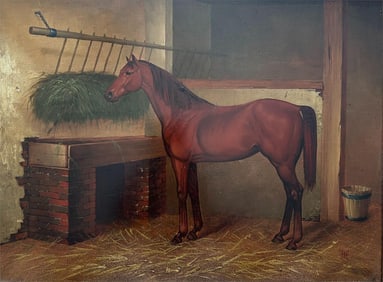 Vintage Oil Painting Horse in Barn Scene