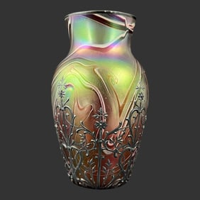 Loetz Art Glass Iridescent Silver Overlay Vase